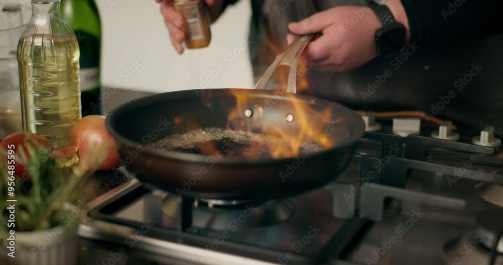 Sticker Food, flame and frying pan with hands of person in kitchen for cooking, fire and meal prep. Nutrition, cuisine and dinner with chef and flambe at home for wellness, dining and healthy ingredients