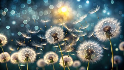Obraz premium Abstract background of dandelion seeds floating in the wind creating a mesmerizing bokeh effect