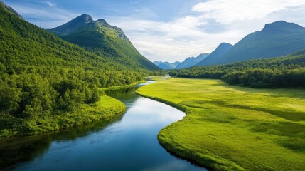 a river winding through a lush green valley, with crystal-clear water reflecting the surrounding trees and mountains, a peaceful and idyllic scene