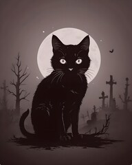 Halloween cat, spooky,empty space for text,minimalist,colored,logo.	