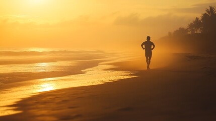 Obraz premium A man runs along the beach at sunset.