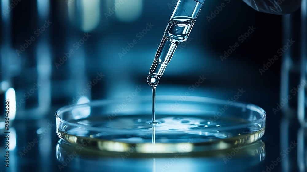Aufkleber Scientist dripping liquid from pipette into petri dish in laboratory closeup : Generative AI
