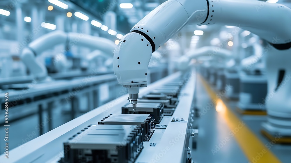 Aufkleber row of white robotic arms at automated production line at bright modern factory industrial robot arm