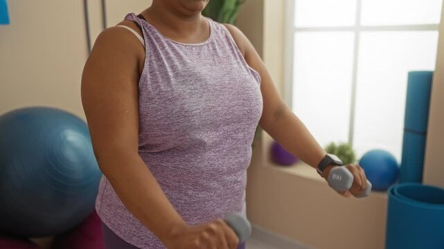 Woman exercising with dumbbells in gym indoors during a workout session, showcasing fitness and strength in a well-lit room with exercise equipment around