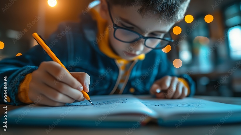 Poster Closeup cropped shot of unrecognizable pupil boy studying at home writing in exercise book doing homework learning sitting at table Selective focus of schoolboy doing homework reading  : Generative AI