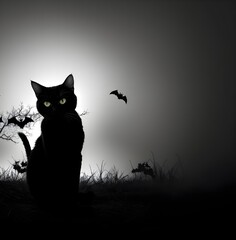 Fototapeta premium Halloween cat, spooky,empty space for text,minimalist,black and white,logo. 