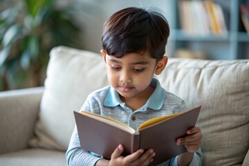 Indian Child Reading a Storybook - An Indian child engrossed in reading a storybook, showcasing a moment of quietude.
