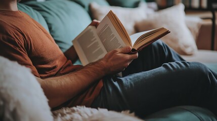 Obraz premium A man relaxes on the couch while reading a book.