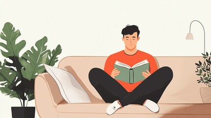 A man relaxes on a couch reading a book.