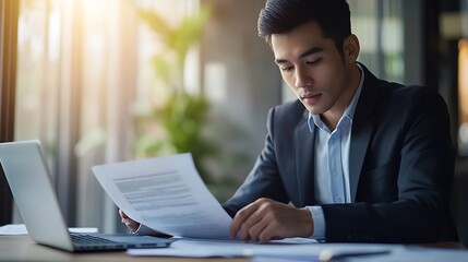 Asian businessman reviewing document reports at office workplace with computer laptop legal expert professional lawyer reading and checking financial documents or insurance contract : Generative AI