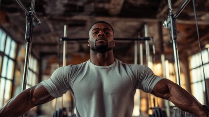 A muscular black man is lifting weights in the gym.