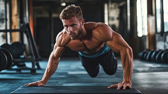 A muscular man performs a push-up exercise in a gym. His focused expression and defined physique highlight his dedication to fitness.