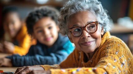 Intergenerational family activities at a community center, with grandparents teaching grandchildren traditional crafts, sharing skills and stories