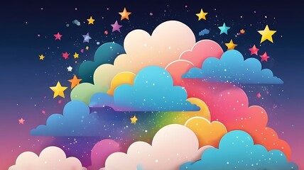 dazzling stars and fluffy clouds set against a colorful sky