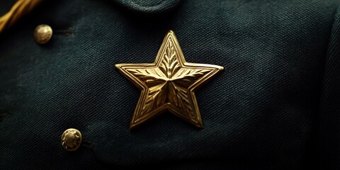 A gold star pin on a dark blue uniform.
