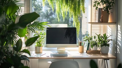 Fototapeta premium A clean and bright home office with a computer monitor, potted plants, and a window with blinds.