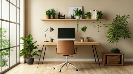 A modern home office with a wooden desk, a comfortable chair, and a large window.