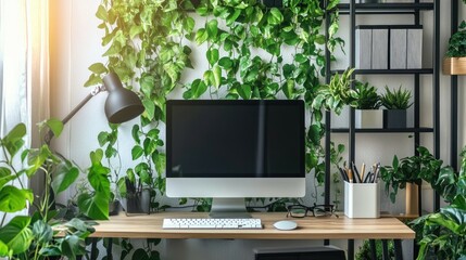 A minimalist home office with greenery and a computer.