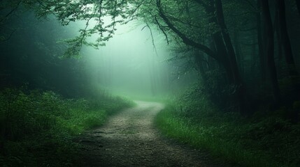 Fototapeta premium A mystical forest path, dark and green, shrouded in fog and morning dew. The mysterious trail invites exploration, with copy space for text.
