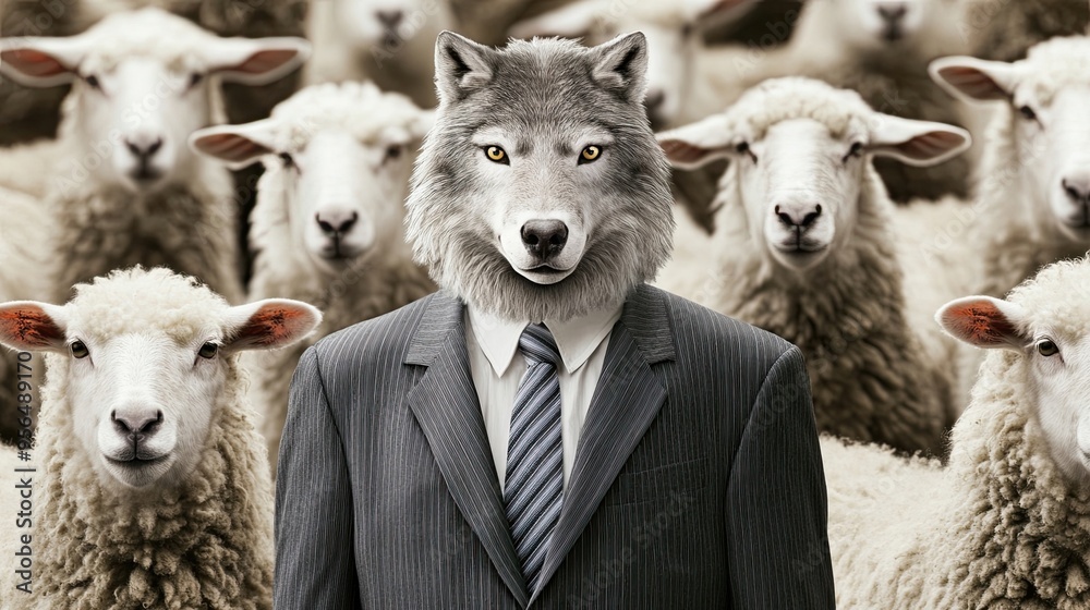 Wall mural The Wolf in a Suit Working with Sheep Colleagues: Highlighting Corporate Betrayal with a Wolf in a Suit Among Sheep Colleagues