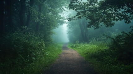Fototapeta premium A mystical forest path, dark and green, shrouded in fog and morning dew. The mysterious trail invites exploration, with copy space for text.
