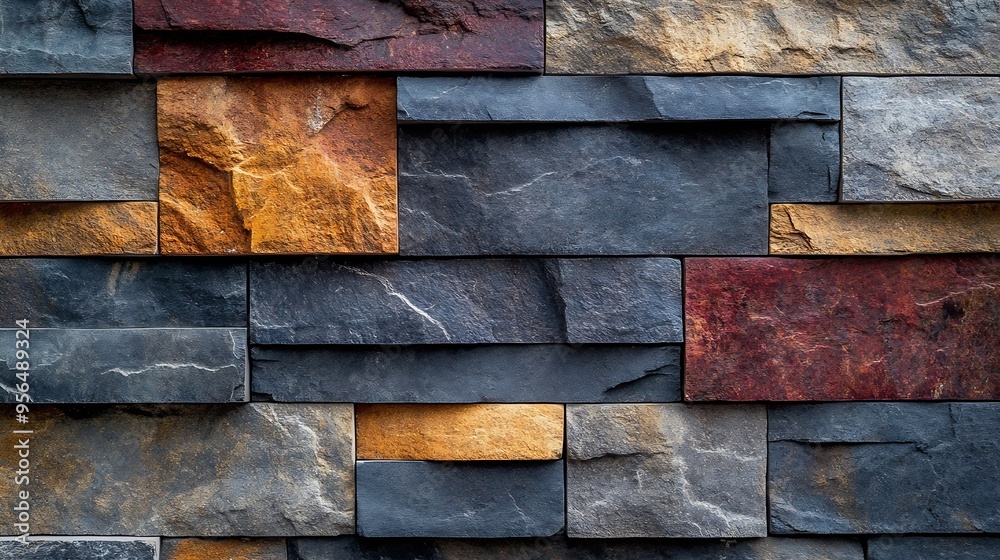 Poster multicoloured cladding stone background and texture3d rustic wall stone used in home decorative wall and interior designceramic wall tiles designcolourful bricks patternnatural stone : Generative AI