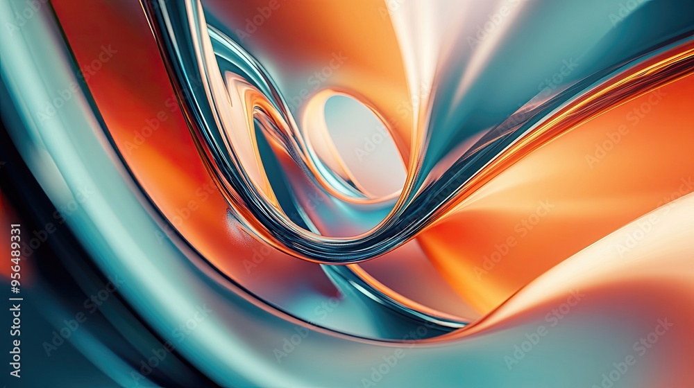 Wall mural abstract background with a metallic blue curve on a warm orange background.