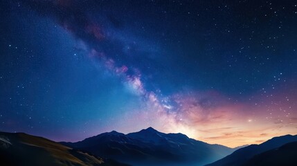 a starry night sky over a quiet mountain landscape, the Milky Way stretching across the sky, providing a breathtaking view of the universe