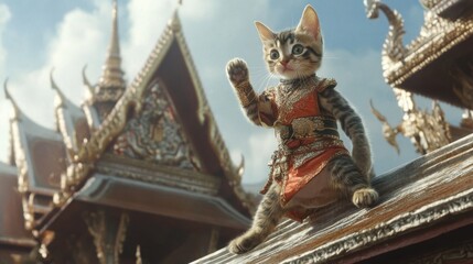 A playful kitten in a traditional Thai warrior outfit stands on its hind legs on the roof of an ornate Thai church, exuding charm.