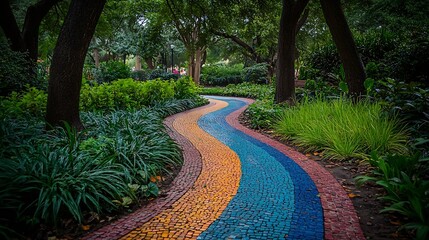 Fototapeta premium A colorful footpath surrounded by lush green trees grass and plants in the Sculpture Garden at New Orleans City Park in New Orleans Louisiana USA : Generative AI