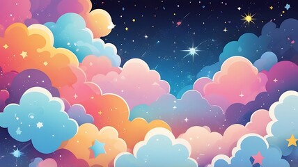dazzling stars and fluffy clouds set against a colorful sky