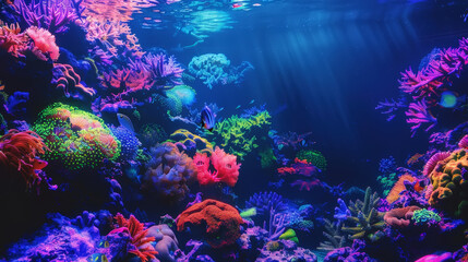 Obraz premium Exotic oceanic colorful fluorescent coral reef with fishes on blue background. Aquarium hobby. Generative AI