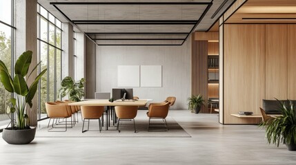 A modern office space with a large window, wooden walls, and a sleek table and chairs.