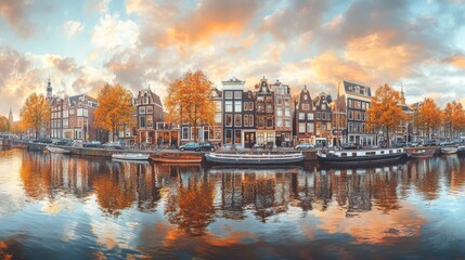 Fototapeta premium Panoramic autumn view of Amsterdam city. Famous Dutch channels and great cityscape. Colorful morning scene of Netherlands, Europe. Traveling concept background. 