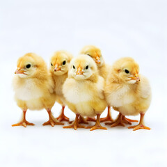Fototapeta premium A group of fluffy yellow chicks clustered together on a white background.