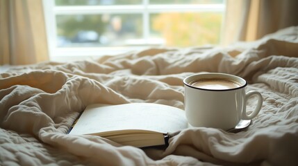 A cup of coffee and a book on a bed.