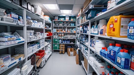 Organized storage room with shelves filled with various laboratory supplies and chemicals in containers and bottles.