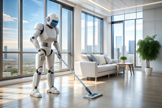 Robot houseworker cleans up the room. Cleaning service by robot with a vacuum cleaner. Smart home futuristic technology