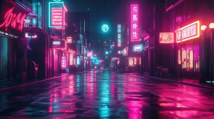 A neon-lit city street at night, with rain reflecting the colorful lights on the wet pavement.