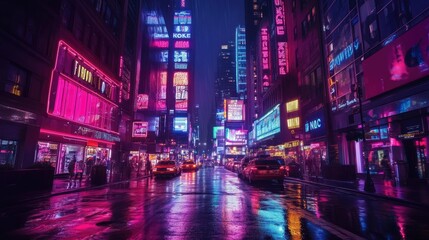 A city street at night, illuminated by bright neon signs and reflections in the wet pavement after a rain shower.