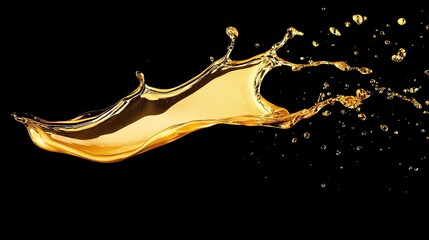 A golden liquid splash against a black background. The liquid is in motion, creating a dynamic and abstract shape.