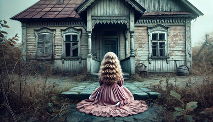 Abandoned girl sitting alone at abandoned house.