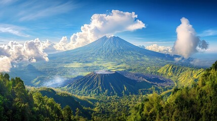 Panoramic view of volcano Batur on Bali Indonesia in a sunny day : Generative AI