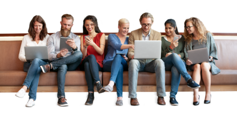 Png people working on laptops sticker, transparent background