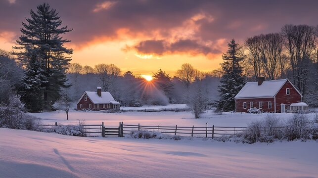 The vibrant dramatic panorama of New England in America at winter sunrise over Weir Farm National Historical Park in Ridgefield and Wilton Connecticut USA : Generative AI