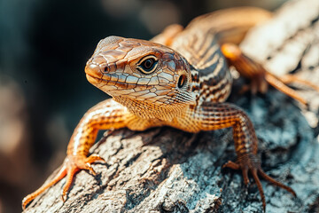 Naklejka premium Viviparous lizard close-up. Brown beautiful lizard on a wooden background macro photography. Lizard is sitting on a tree 