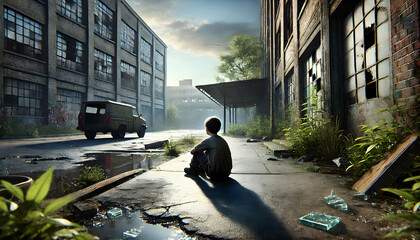 Abandoned boy sitting alone at abandoned building area. 