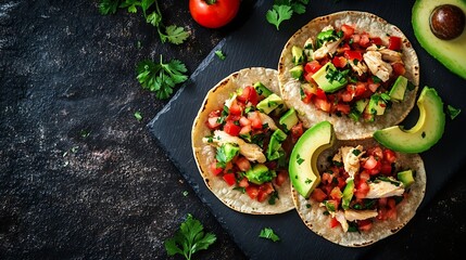 Mini tortillas with tomato salsa avocado and boiled chicken Top view : Generative AI