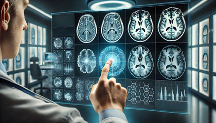 A Finger pointing at MRI brain screen interface, Mri showing brain stroke damage. 
