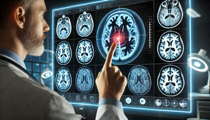 A Finger pointing at MRI brain screen interface, Mri showing brain stroke damage. 